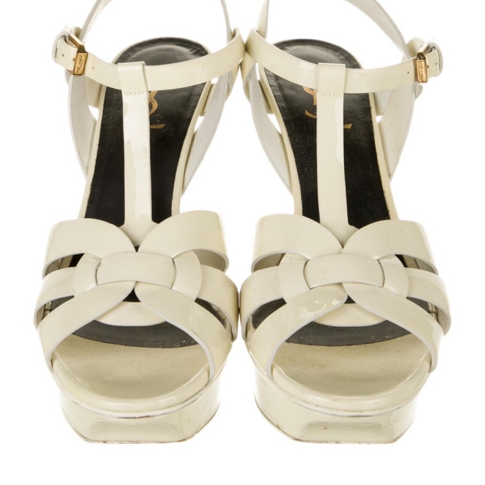 YSL Women’s Cream Patent Leather T-Strap Platform Sandals